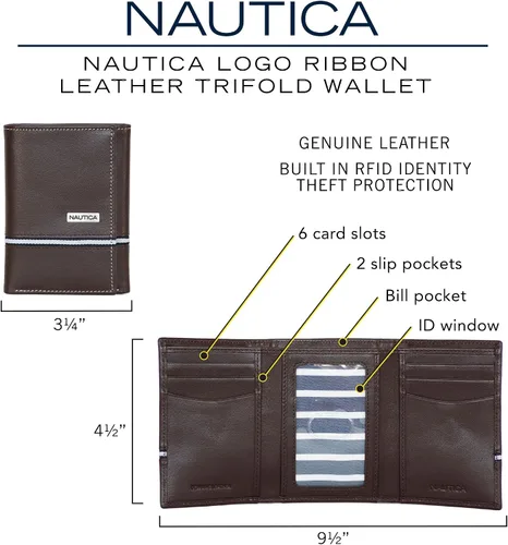 Miniatura 11 de Nautica Men's Trifold Wallet RFID Blocking Protection ID Window Card Slots Genuine Leather Durable
