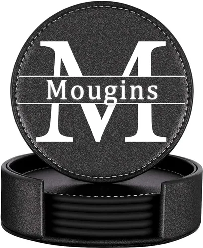 Portavasos personalizados, juego personalizado de 6 portavasos de cuero para bebidas con soporte, nombre/foto/logotipo personalizable,