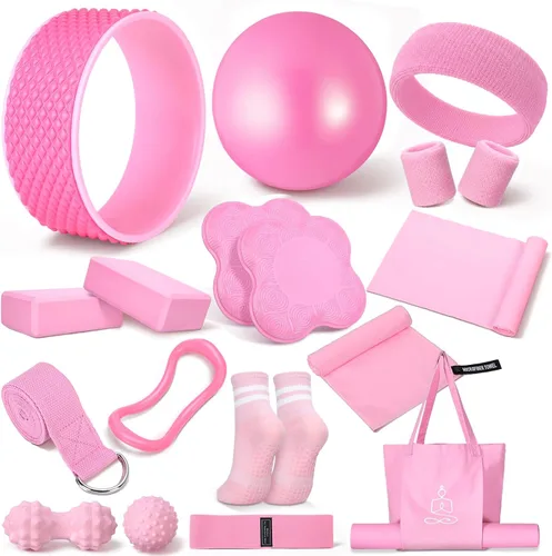 Miniatura 7 de Gemscream 17 piezas de kits esenciales de yoga para mujeres, juegos de equipos de pilates para principiantes con rueda de yoga, bloques de pelota