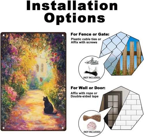 Miniatura 4 de Cartel de metal retro para decoración de pared con diseño de gato negro y jardín, 8 x 12 pulgadas, pintura al óleo de primavera, póster artístico