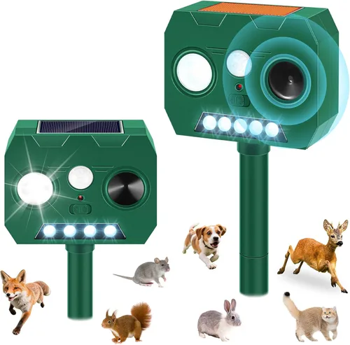 Repelente solar ultrasónico de animales al aire libre, paquete de 2 repelentes de ciervos para exteriores con sensor de movimiento PIR y flash LED,