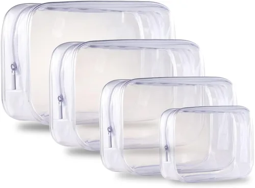 Miniatura 7 de Paquete de 3 bolsas de aseo de viaje impermeables, PVC transparente y organizador de maquillaje cosmético de poliuretano floral azul, aprobado por