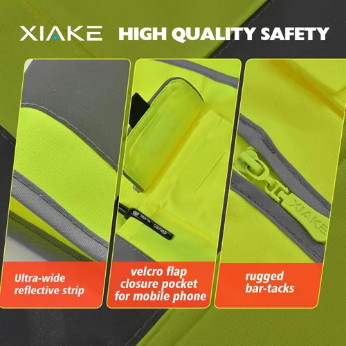 Miniatura 5 de XIAKE Chaleco de seguridad reflectante para hombres y mujeres, chaleco de alta visibilidad clase 2 con bolsillos, cumple con las normas ANSI Amarillo