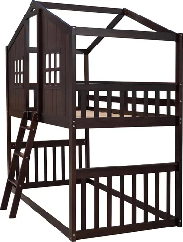 Miniatura 6 de JIVOIT Litera de casa, litera de tamaño individual sobre individual con escalera, litera de madera con barandillas en forma de techo, ventana