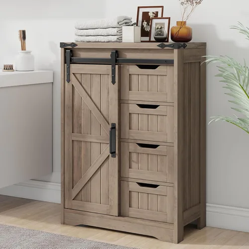 Miniatura 5 de Halitaa Armario de almacenamiento para baño de granja, armario de piso con 4 cajones, armario de baño con puerta corredera, organizador de Gris