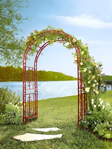 Estructura de arco de jardín al aire libre de metal de Plow & Hearth, de 84 pulgadas de alto, entramado de celosía de hierro para plantas Rojo