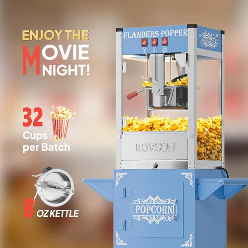 Miniatura 3 de ROVSUN Máquina de palomitas de maíz con carrito, ruedas y hervidor de 8 onzas que hace hasta 32 tazas, certificada ETL, máquina de palomitas de maíz
