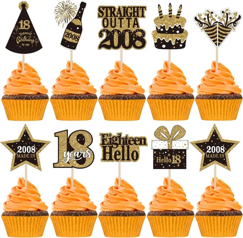 36 piezas de decoración para cupcakes de feliz cumpleaños 18 de doble cara, color negro y dorado "Hola 18" Straight Outta 2008 para cupcakes Cheers