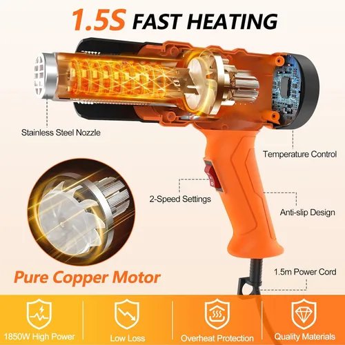 Miniatura 3 de Pistola de calor de 1850W, 1.5s calentamiento rápido, pistola de aire caliente de servicio pesado, buen control de temperatura, 122℉-1112℉(50-600℃)