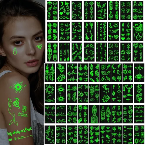 60 Hojas de Tatuajes Temporales que Brillan en la Oscuridad, Pegatinas Luminosas Minimalistas de Tatuajes Falsos para Adultos, Hombres, Mujeres,