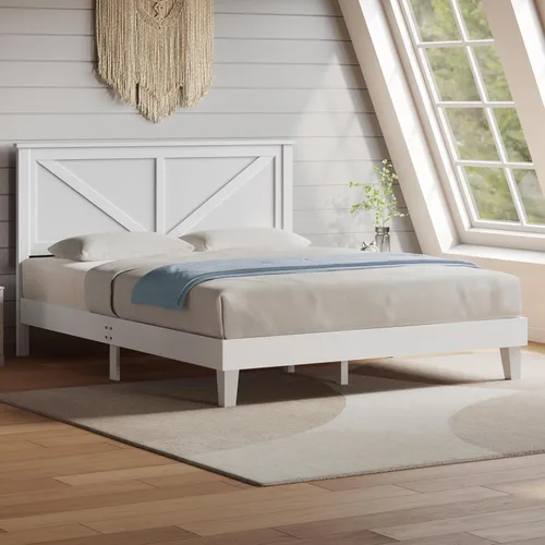 Miniatura 11 de Yaheetech Cama de madera tamaño matrimonial, marco de cama de madera de caucho espresso con cabecera diseñada en V, listones de soporte de madera