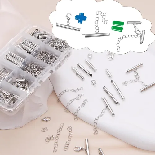 Miniatura 4 de Kit de cierre deslizante de plata EuTengHao para enhebrado, extremos de cordón de tubo con cierre de langosta, extensor de cadena, accesorios