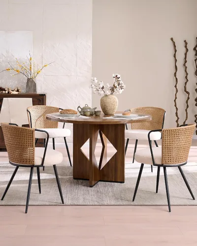 Miniatura 7 de BedsPick Juego de 6 sillas de comedor de ratán, silla de cocina de ratán tapizada de polietileno con cojín de bucle, asiento de comedor con respaldo