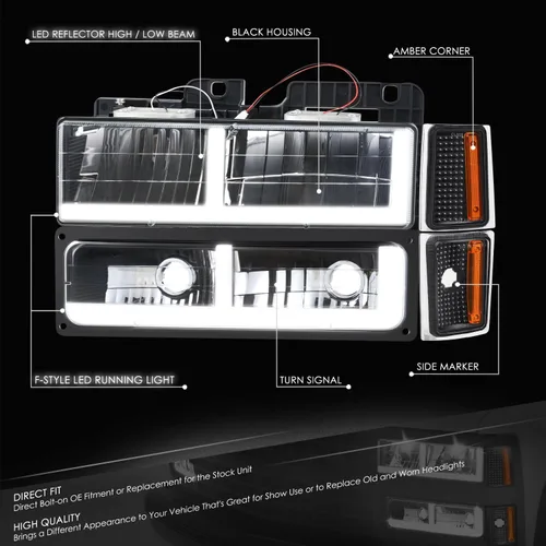 Miniatura 2 de DNA MOTORING Faro LED DRL estilo F, señal de parachoques, juego de lámparas de esquina compatible con Chevy C/K1500-3500 88-93, negro/ámbar