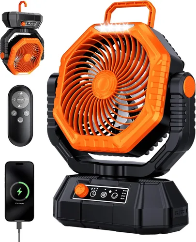 Miniatura 11 de AJVV Ventilador de campamento, batería oscilante, portátil, recargable, con luz y control remoto para campamento, al aire libre, corte de energía