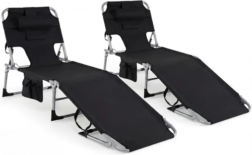Miniatura 20 de Tangkula Silla de bronceado con agujero frontal, plegable y ajustable para patio, silla reclinable, para playa, tomar el sol, con bolsillo lateral