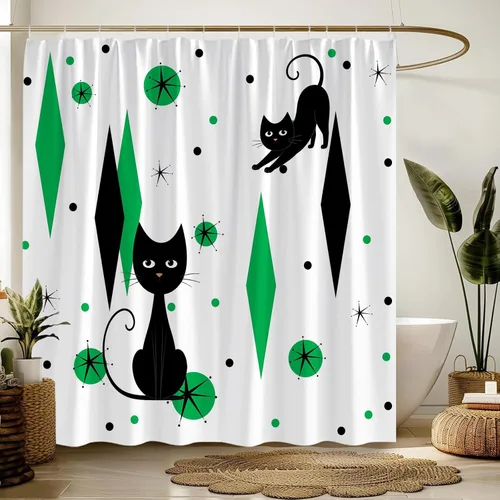 Miniatura 15 de GCTNBJL Mid Century Shower Curtain Black Cat Atomic Stars Modern Abstract Blue Black Geometric Iconic Retro 1950s 1960s Vintage 36x70(WxH) Inches