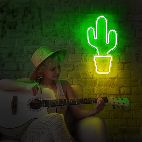 Miniatura 4 de Lumoonosity Luces de cactus – Luz de neón de cactus amarilla y verde para dormitorio – Señales de neón LED alimentadas por USB con interruptor