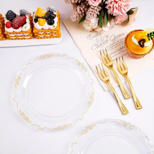 Miniatura 4 de LIYH 200 Piezas Platos de Postre de Plástico Transparente Dorado 7.5" y Tenedores para Pastel 5" - Platos de Plástico Pequeños Transparentes