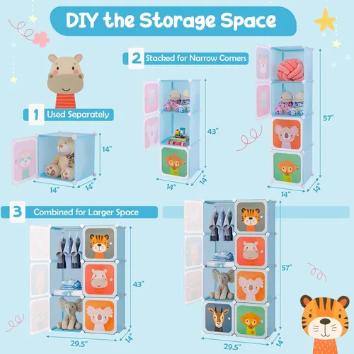 Miniatura 3 de HONEY JOY Armario para niños, organizador de almacenamiento de ropa de dibujos animados para bebés, 8 cubos y 2 secciones para colgar, armario Azul