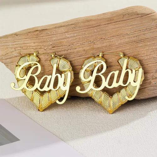 Miniatura 5 de Aretes de aro de bambú chapados en oro de 18 quilates para mujer, diseño de corazón redondo grande, estilo ghetto de los años 8090, accesorios