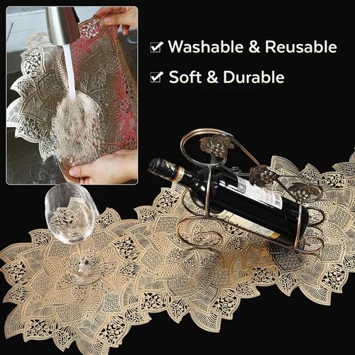 Miniatura 7 de FAVE Camino de mesa dorado de 36 pulgadas con forma de flor, camino de mesa corto lavable para bodas, banquetes, cumpleaños, fiestas, restaurantes