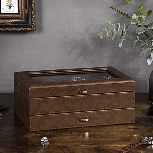 Miniatura 6 de BEWISHOME Caja de reloj para hombre organizador de relojes de lujo de piel sintética con cajón de joyería parte superior de cristal real bisagra