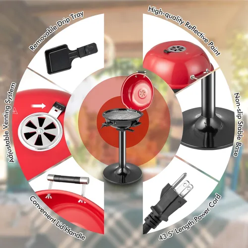 Miniatura 9 de ORALNER Parrilla eléctrica para barbacoa con soporte, rejilla de calentamiento y bandeja de goteo, parrilla eléctrica de 15 porciones para Rojo