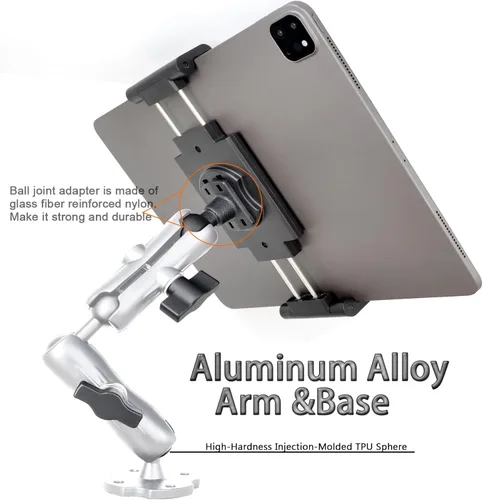 Miniatura 2 de VAUBORTTI Soporte de aluminio resistente para tablet de doble brazo con base de taladro de rotación de 360° de 4 puntos, se adapta a tabletas de 6.5