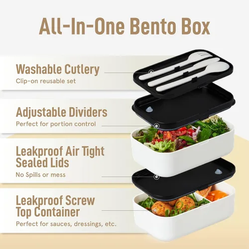 Miniatura 3 de KARRICO Caja Bento Doble Premium para Adultos, 67 onzas líquidas sin BPA - Lonchera Apilable Color Crema con Tapas y Divisores a Prueba de Fugas