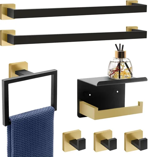 Dorudon Atrox Juego de 7 piezas de baño – Juego de accesorios negros y dorados – Toallero cuadrado de 2 x 23 pulgadas, toallero de mano, soporte