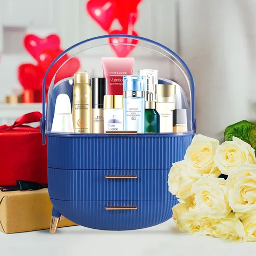 Miniatura 6 de MASSY Caja de almacenamiento de maquillaje con forma de huevo (Oval), organizador portátil de cosméticos de tocador de encimera Preppy