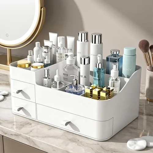 Miniatura 2 de Organizador de maquillaje blanco para tocador, con 3 cajones, gran capacidad, ideal para maquillaje, cosméticos, cuidado de la piel, adecuado
