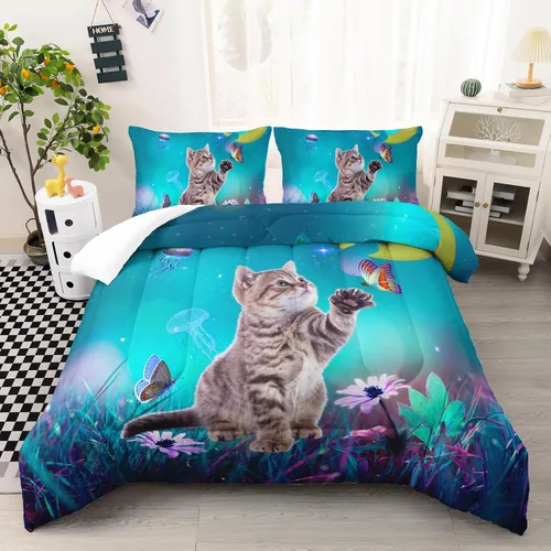 Miniatura 30 de AILONEN Juego de ropa de cama con estampado de gato en acuarela, tamaño individual con gatos y huellas para niños y niñas, juego de edredón suave