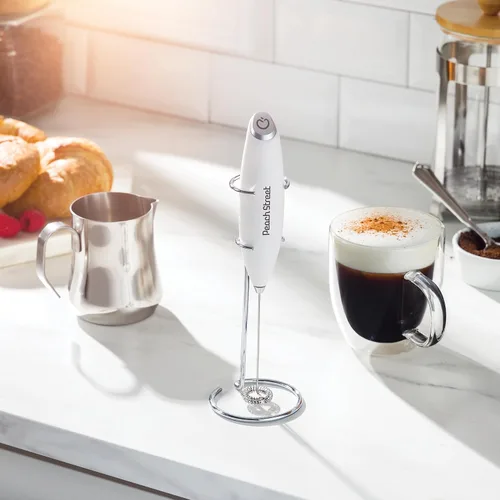 Miniatura 2 de Espumador de leche de mano potente, mini espumador de leche, mezclador de bebidas con batería y acero inoxidable con soporte para espumador Blanco