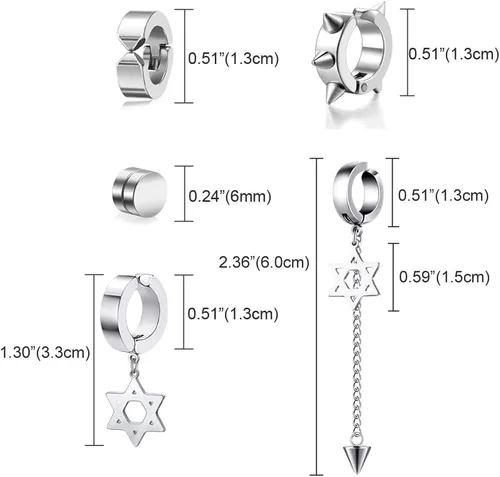 Miniatura 7 de Juego de 5 pares de aretes de aro de acero inoxidable negro sin perforación, remaches cruzados y borla para mujeres, hombres, niños y niñas, aretes