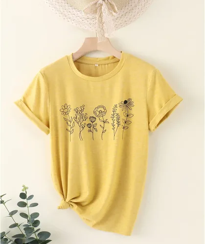 Miniatura 3 de GLIGLITTR Camiseta floral para mujer, diseño de flores silvestres, camiseta casual suelta con cuello redondo y manga corta