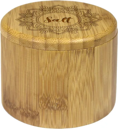 Miniatura 5 de Totally Bamboo Salero Caja de Almacenamiento de Bambú con Tapa Giratoria Magnética, Capacidad de 6 Onzas, Flor Mandala Grabada en la Tapa