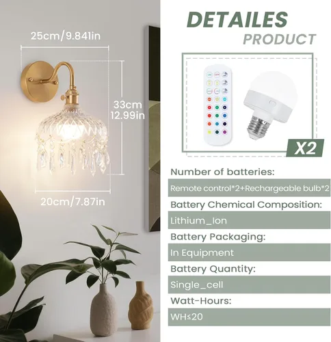 Miniatura 6 de Apliques de pared inalámbricos vintage que funcionan con pilas, luces de pared de latón antiguo con batería recargable, lámpara de pasillo de lujo