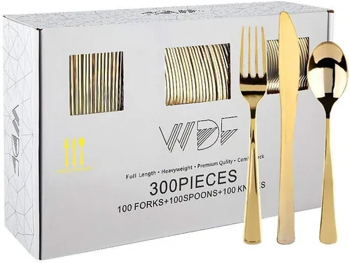 WDF Juego de cubiertos de plástico dorado de 300 piezas, juego de cubiertos desechables de plástico dorado que incluye 100 tenedores, 100 cucharas,