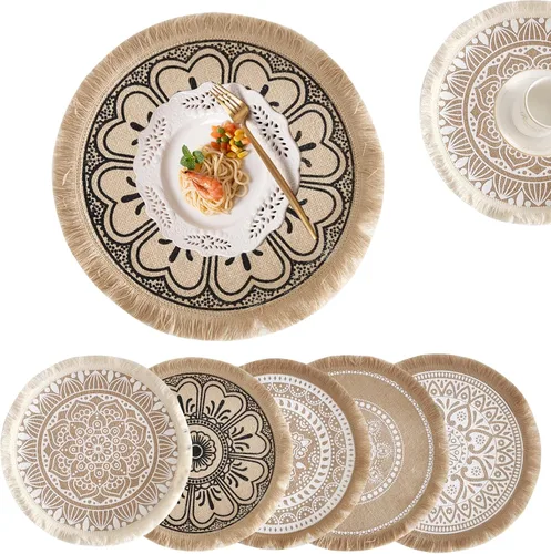 Juego de 6 manteles individuales para mesa de cocina, manteles individuales redondos hechos a mano con flecos, para comedor, cocina, manteles