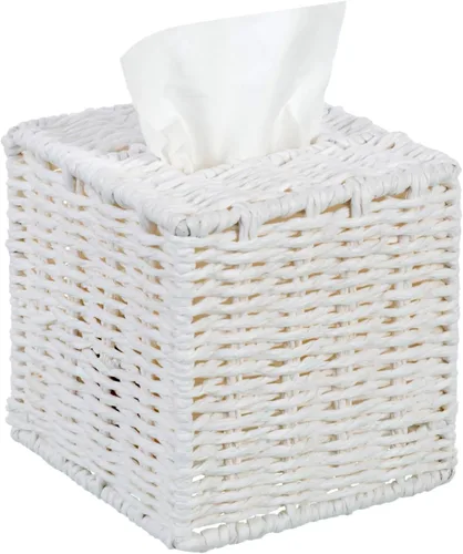 Miniatura 8 de MyGift Caja de pañuelos cuadrada gris con tapa – Soporte decorativo de ratán Kleenex, soporte de tejido para papel higiénico, baño, dormitorio, sala
