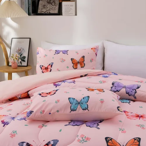 Miniatura 5 de Btargot Juego de edredón de 3 piezas con diseño de mariposas para niños, juego de cama con estampado de flores coloridas para mujeres y niñas