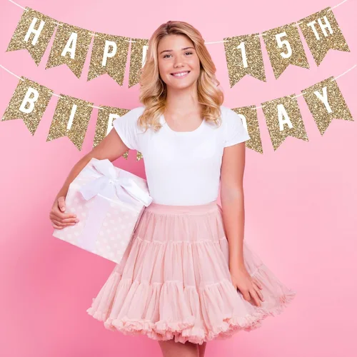 Miniatura 7 de Cartel de feliz cumpleaños número 15 pre-encordado – No DIY – Cartel de fiesta de cumpleaños número 15 con purpurina dorada para niños y niñas