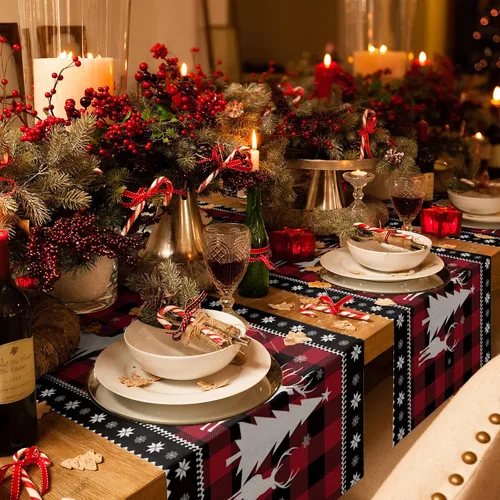 Miniatura 3 de Camino de mesa de Navidad, color rojo y negro, búfalo a cuadros, algodón, lino, bufanda de invierno para cena, bufandas largas de 36 pulgadas