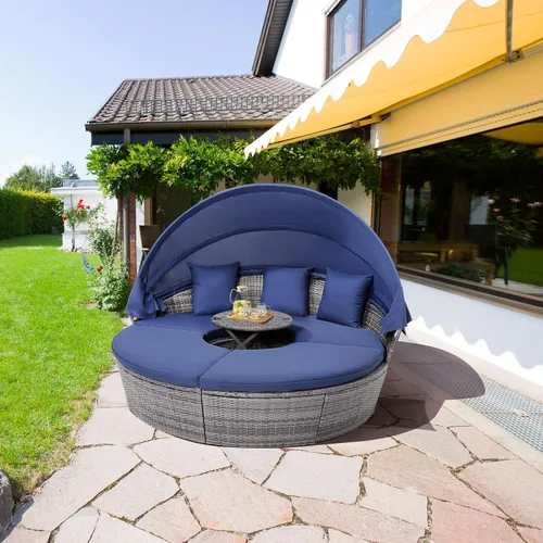 Miniatura 3 de HAPPYGRILL Sofá cama al aire libre con toldo, sofá modular de mimbre de ratán con mesa auxiliar, cojines, juego de conversación de patio para Gris