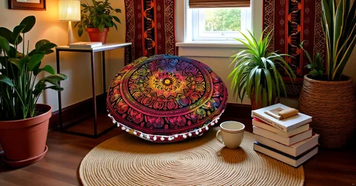 Miniatura 3 de Funda redonda para cojín de mandala, estilo hippie, bohemio y decorativo, para piso, cojín de asiento, funda otomana, puf, con pompones, boho, Flor