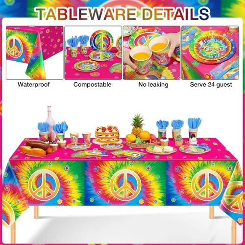 Miniatura 3 de 172 piezas de suministros para fiesta de cumpleaños de teñido anudado sirven para 24 personas y 60 años 60, decoración de fiesta temática hippie