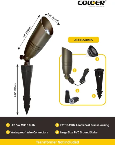 Miniatura 4 de COLOER Focos de paisaje de latón fundido a presión para exteriores con carcasa de aluminio de 5 W, bombilla LED MR16 de 2700 K, 450 lúmenes