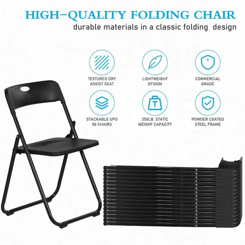 Miniatura 5 de Paquete de 10 sillas plegables de plástico negro, asientos comerciales apilables portátiles para interiores y exteriores con marco de acero
